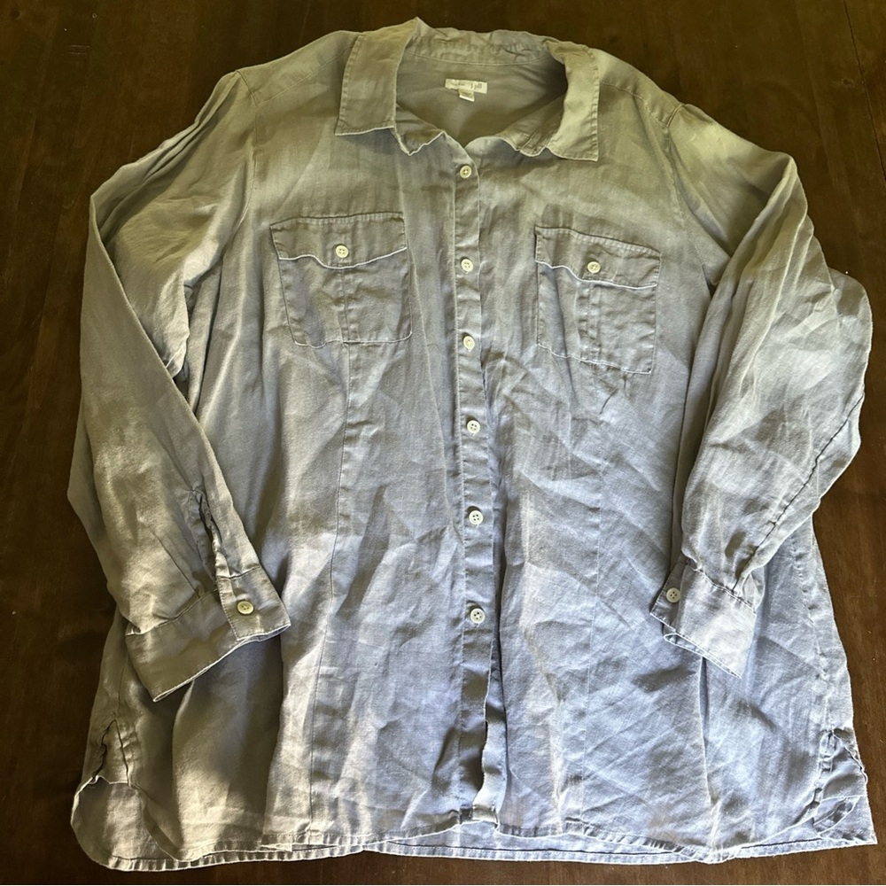 J Jill‎ Love 2X Shirt Button Up Gray 100% Linen Relaxed Lagenlook Minamalist